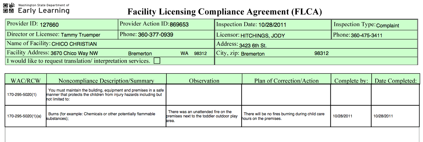 Chico Child Care Center DEL Licensing Compliance Agreement