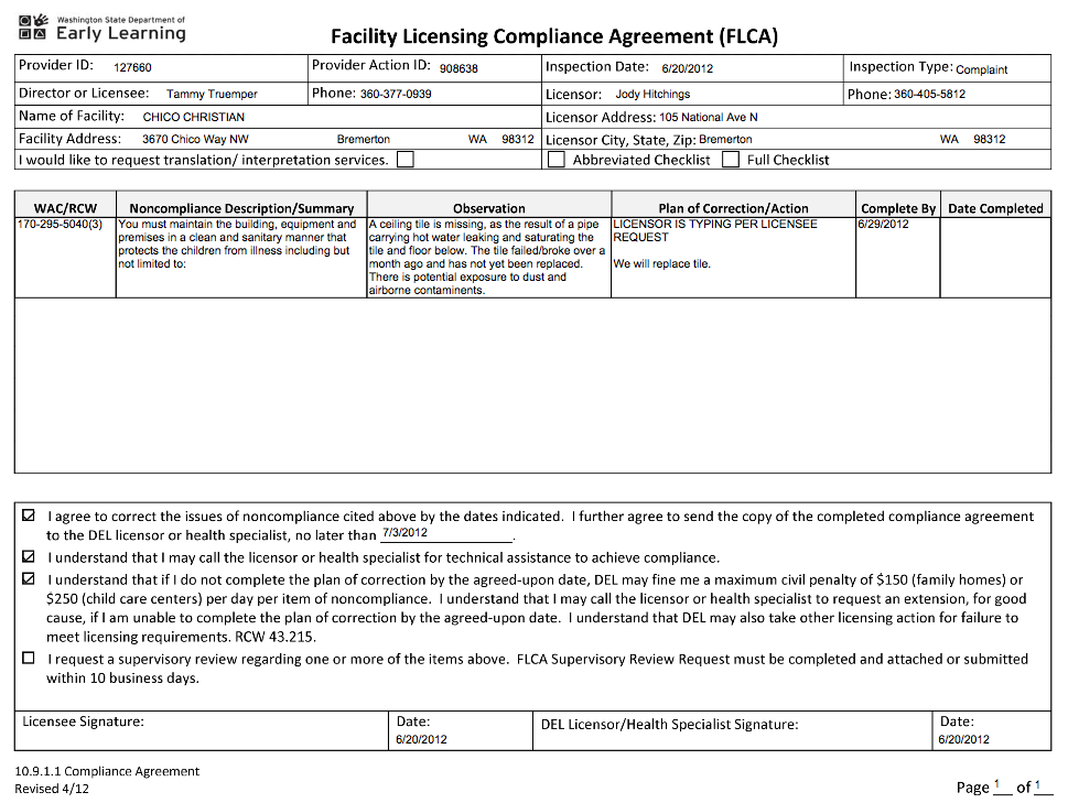 Chico Child Care Center DEL Licensing Compliance Agreement